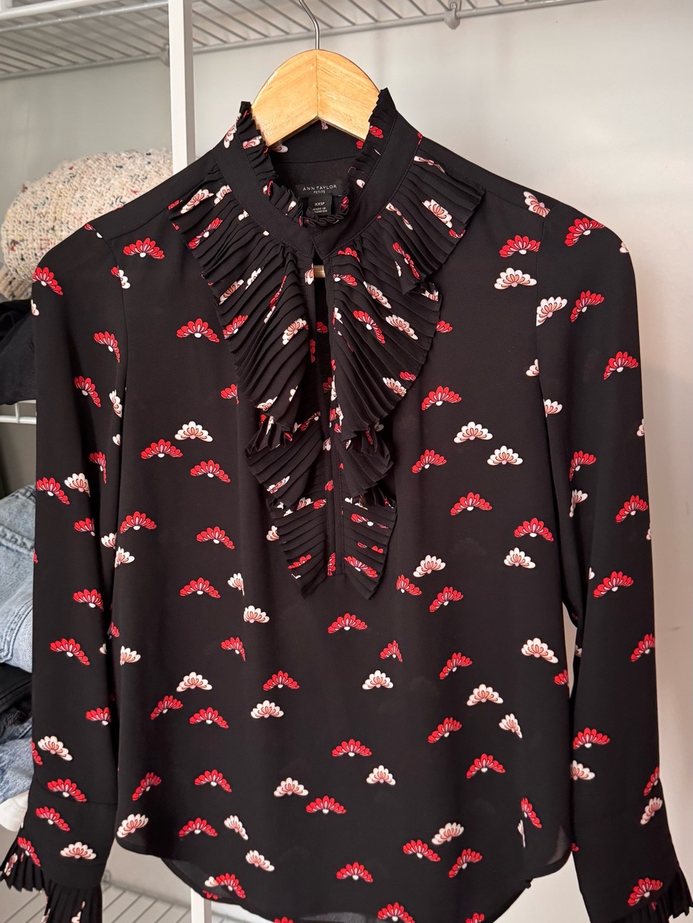 Ann Taylor Black Blouse with Red & Cream Floral Fans